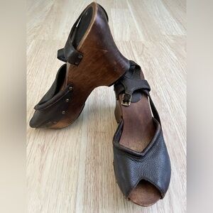 Vintage MIA Brown Leather Wooden Wedge Sandals
